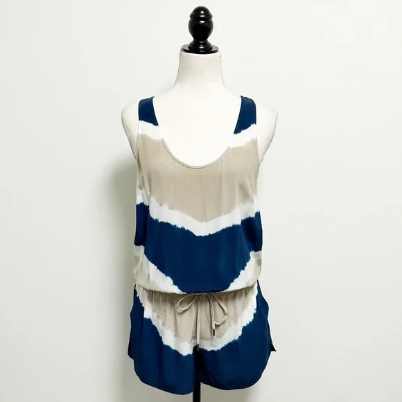 Joie Silk Tie Dye Sleeveless Scoop Neck Isidora Romper XS Ivory Beige Navy FLAWS - Picture 2 of 13